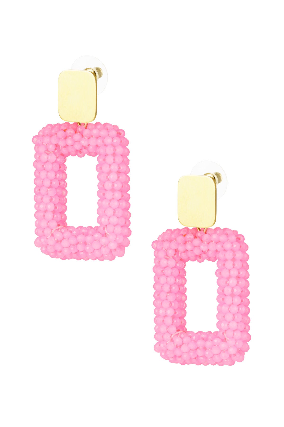 Amber oorbellen vierkant roze
