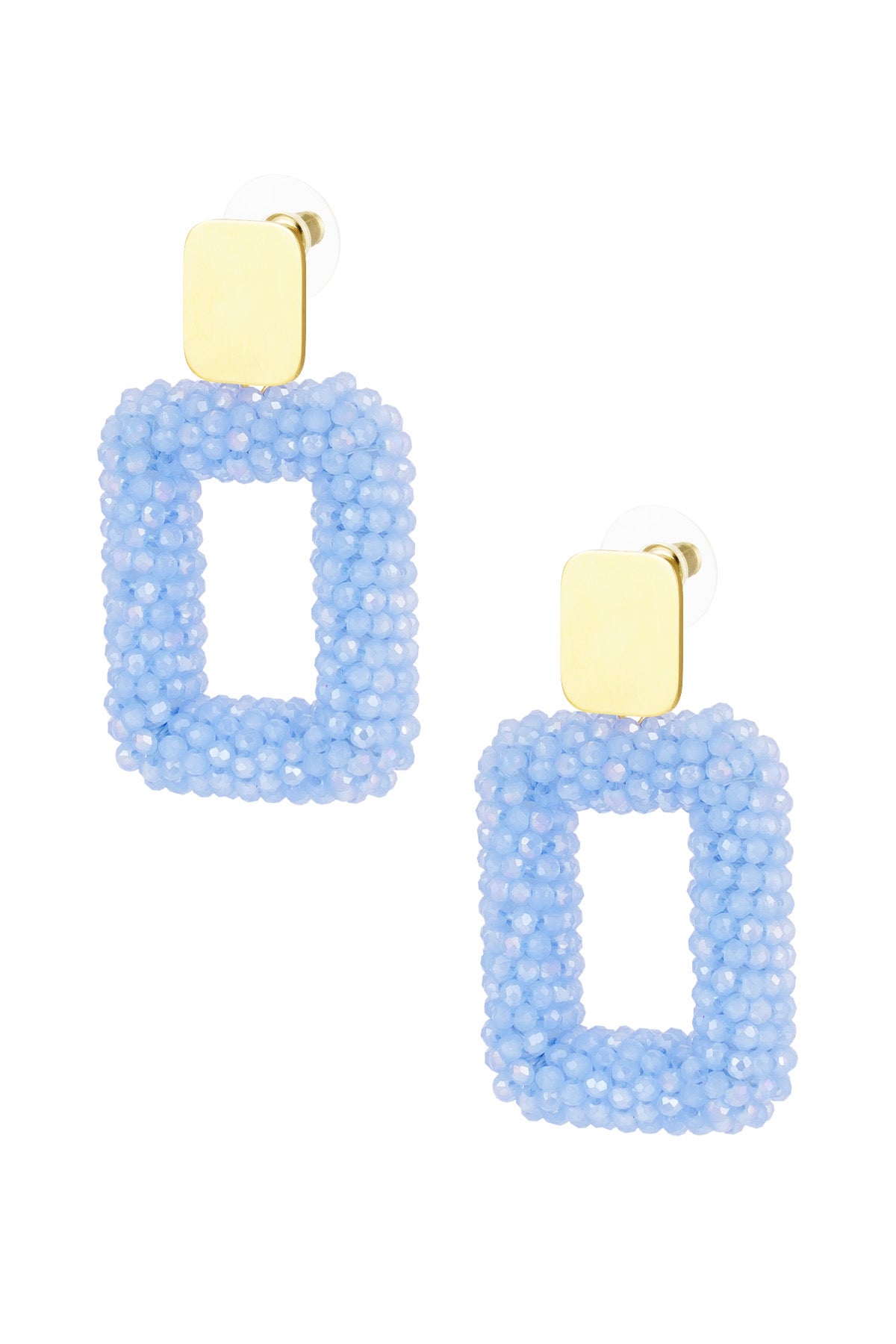 Amber oorbellen vierkant kristal blauw